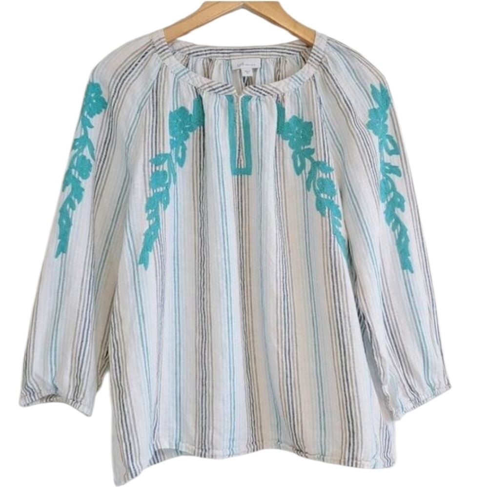 J. Jill Love Linen Stripes Embroidered Blouse Sz M Coastal Grandma Boho Beachy